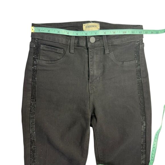 L'Agence Margot High Rise Skinny Jeans Black Rhinestone Tuxedo Side Stripe 25 - Picture 11 of 13